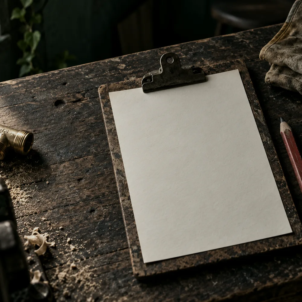 A job card, pencil and work gloves on a workbench