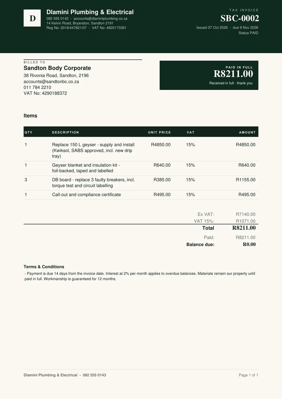 A Torin tax invoice with VAT breakdown, amount due and how to pay