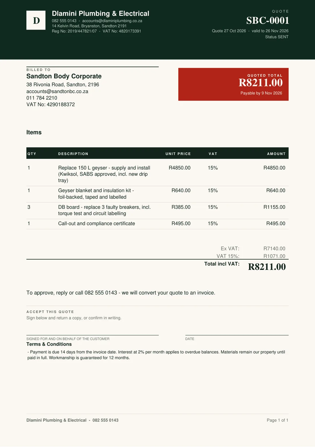 A Torin quote with the quoted total, validity date and a deposit request