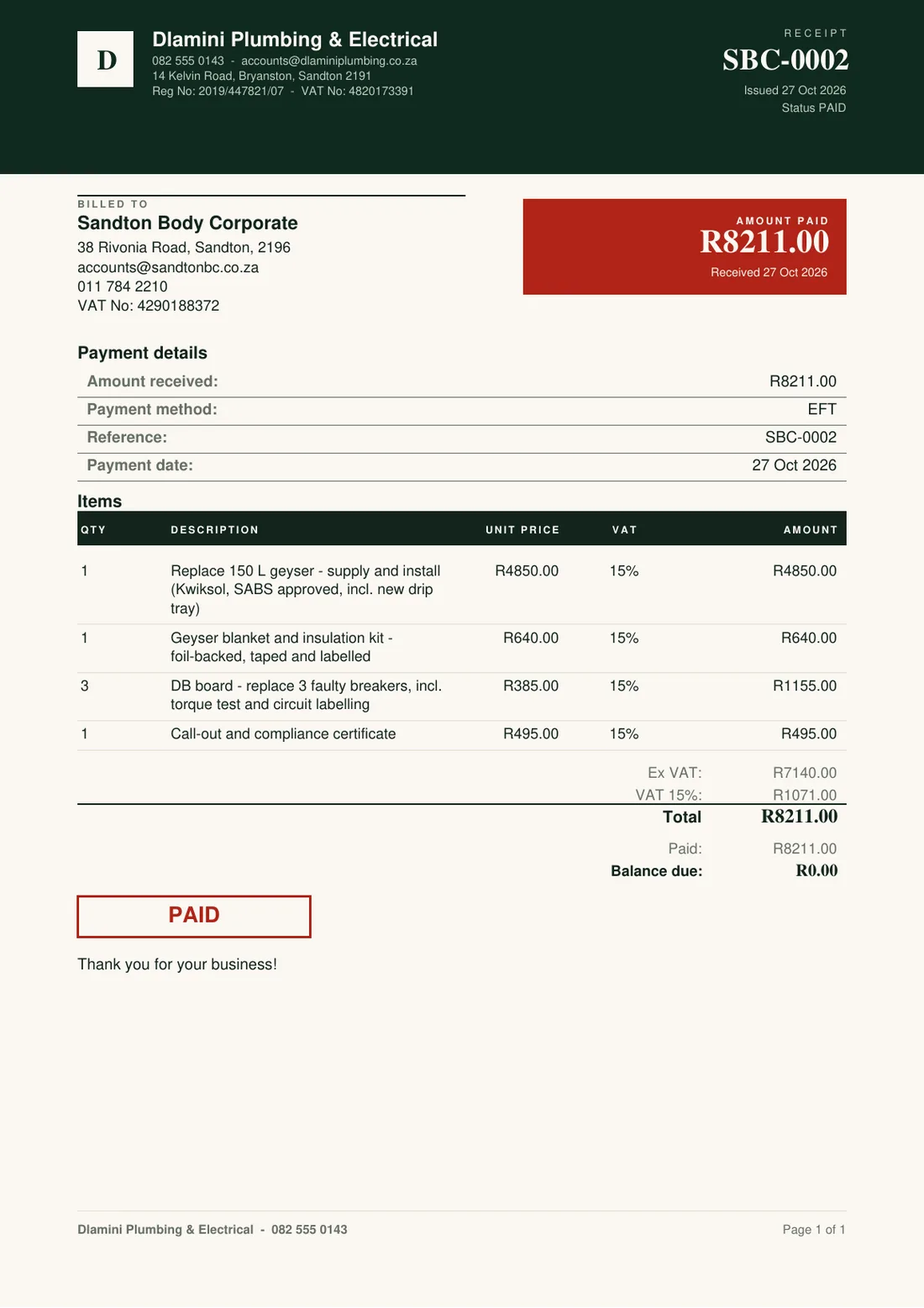A Torin receipt showing the amount paid and the invoice it settles
