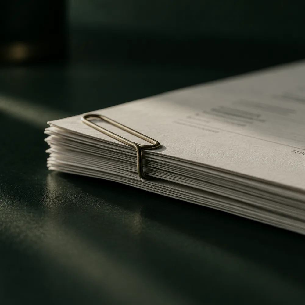 A stack of printed invoice pages on a dark green desk