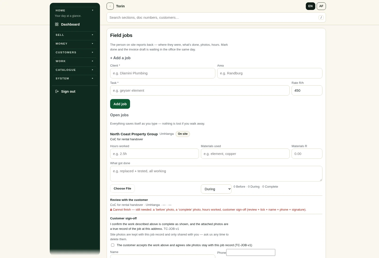 Field jobs: site photos, sign-off and completion status per job