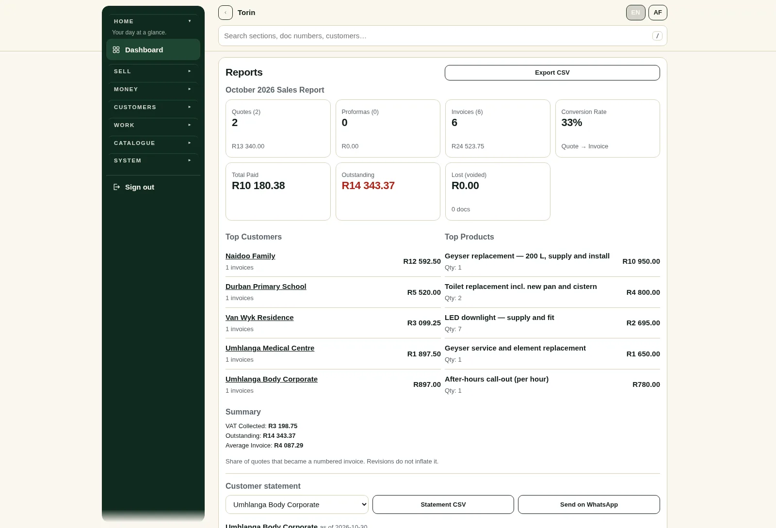 Reports: month-end totals, VAT, statements and the audit pack